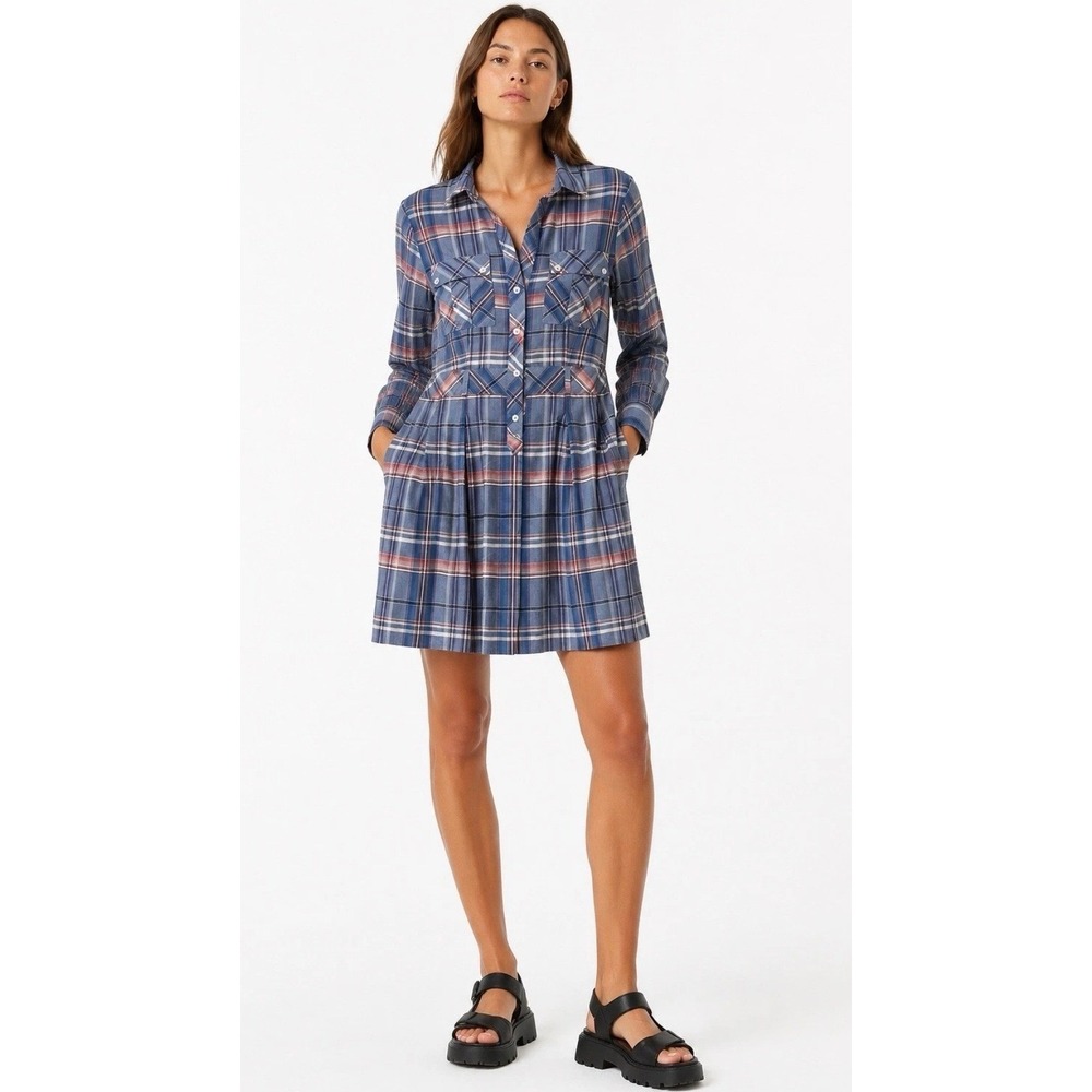 Theory Women Blue Pink Plaid Cotton Button Front Lined Mini Shirt Dress Size 4